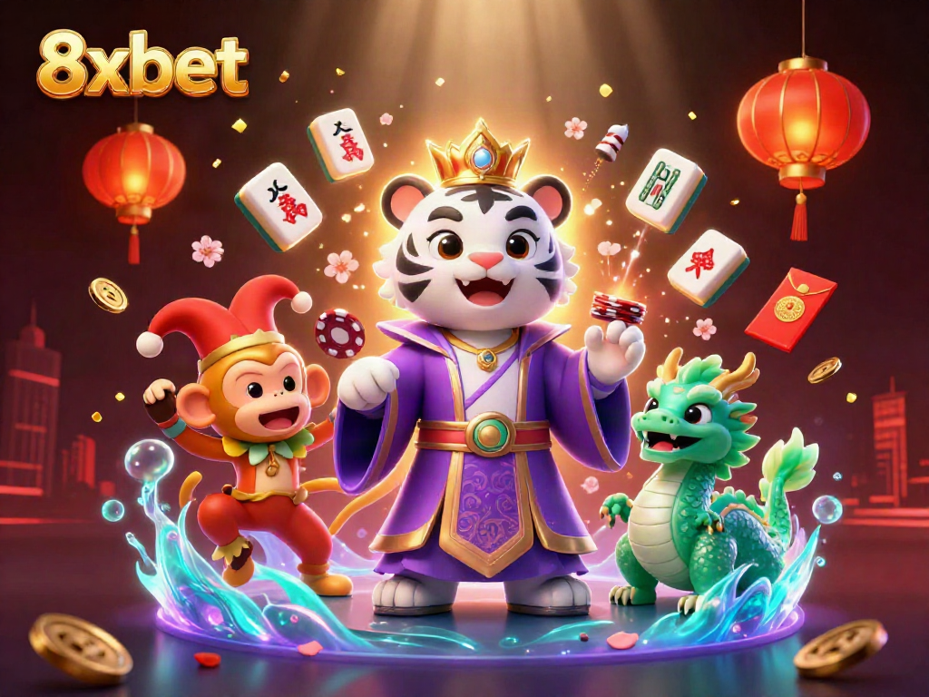 Engage with 8xbet's vibrant gaming world, featuring lively characters and dynamic casino elements.