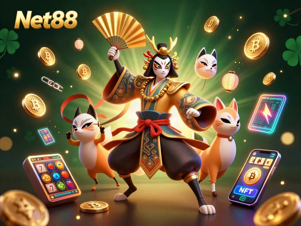 Engage with Net88's vibrant gaming experience through a colorful 3D illustration showcasing slots, coins, and characters.