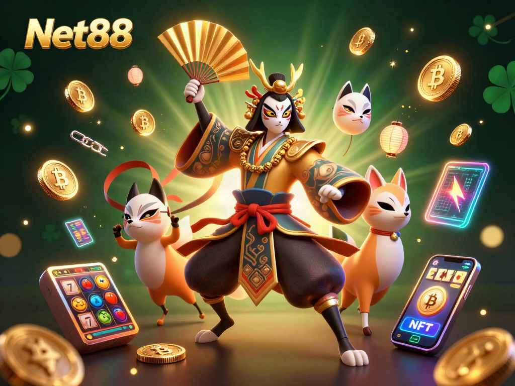 Engage with Net88's vibrant gaming experience through a colorful 3D illustration showcasing slots, coins, and characters.