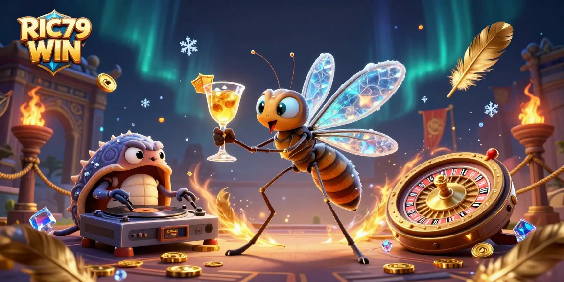 Experience the excitement of RIC79 WIN with a vibrant 3D casino-themed illustration featuring unique characters and gambling elements.
