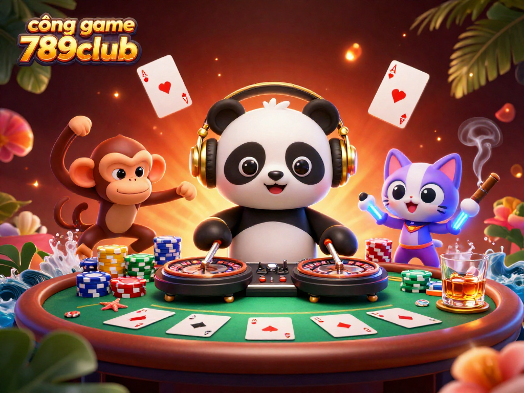 Engaging 3D digital illustration showcasing cổng game 789club with animated characters enjoying casino gaming.