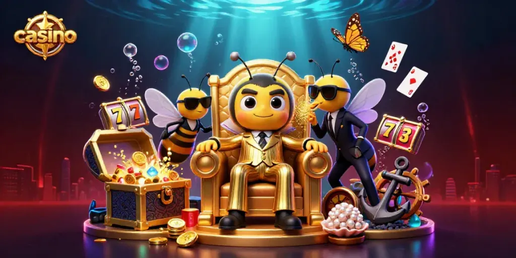 Experience a vibrant casino scene with a bumblebee mob boss and wasp bodyguards surrounded by slot elements.