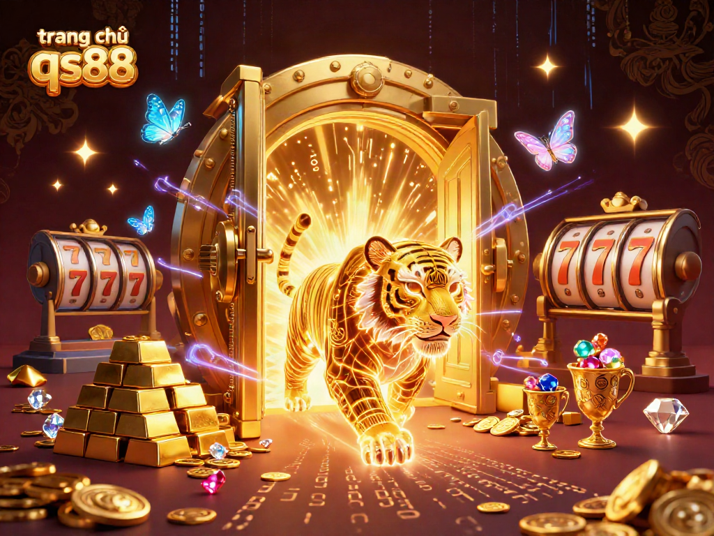 Experience the excitement of winning at trang chủ qs88 with vibrant slot reels, golden treasures, and a neon tiger.
