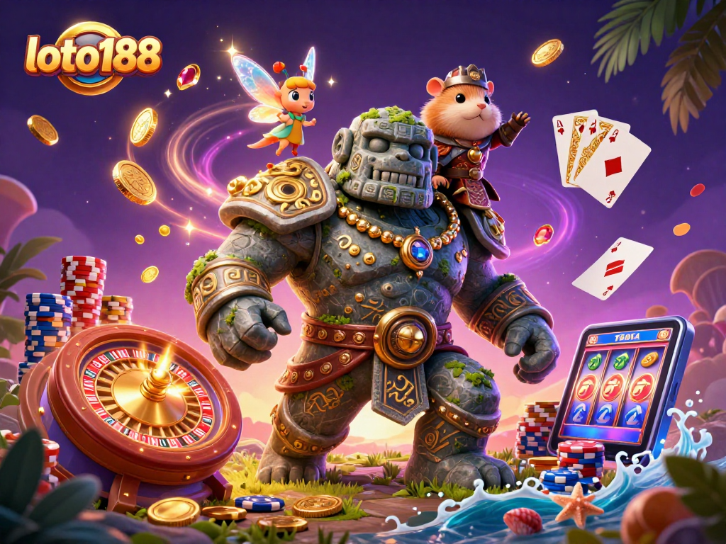 Experience loto188's vibrant casino world with a golem, fairy, and hamster knight amidst thrilling games.