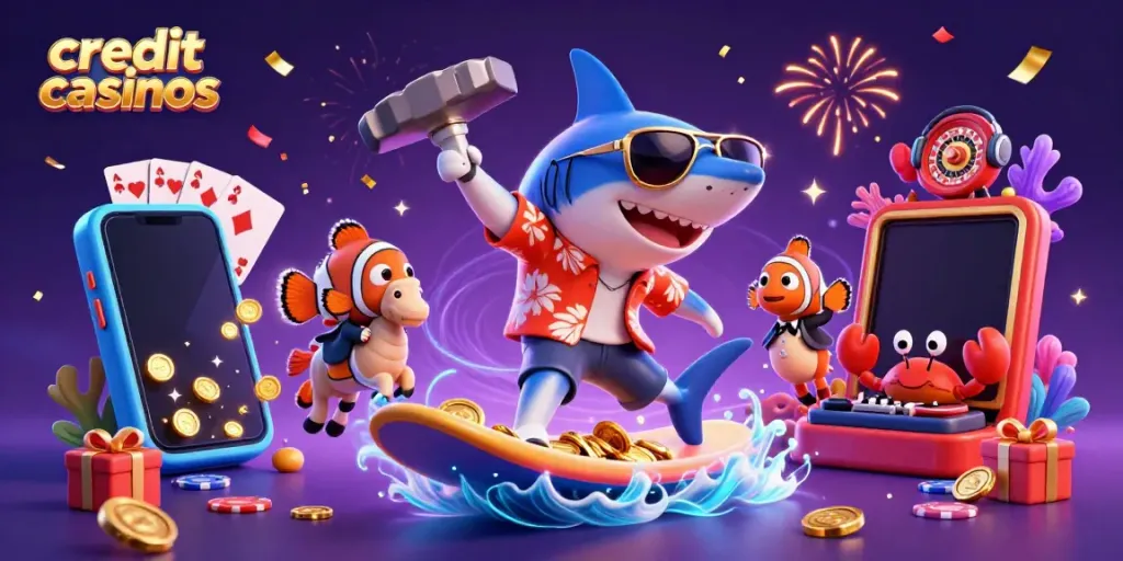 Experience thrilling wins at credit card casinos with vibrant 3D characters and gambling action.