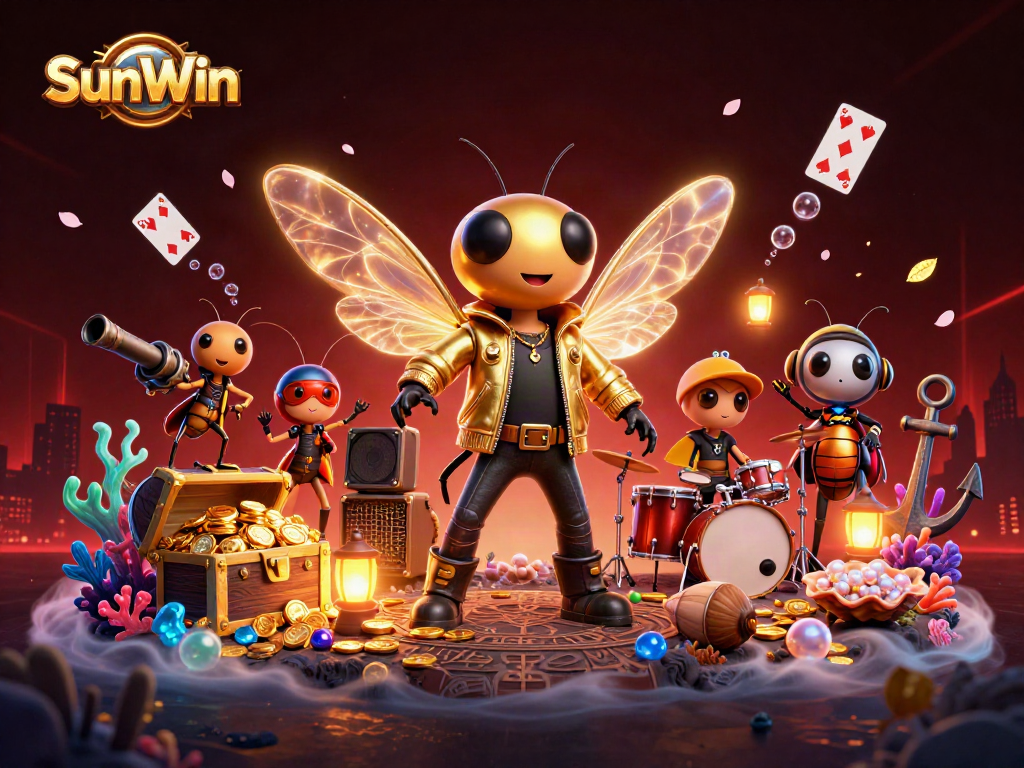 SunWin casino illustration showing vibrant rock star characters with dynamic gaming elements