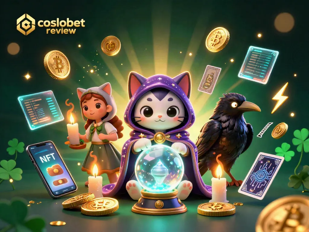 Engage in a cosmobet review with a mystical cat, raven, and vibrant crypto elements in a rich casino scene.