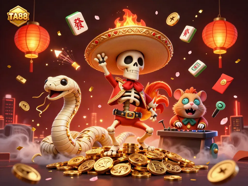 Experience thrilling wins with TA88, where a mariachi rooster dances on gold coins surrounded by casino elements.