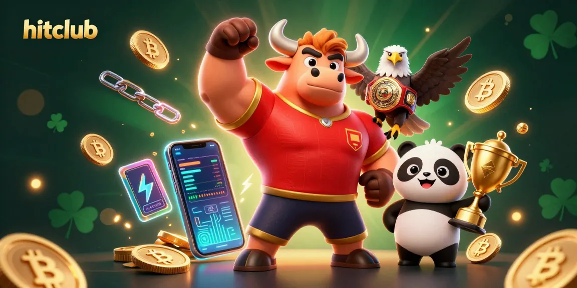 Hitclub celebrates winning moments with a 3D cartoon bull, eagle, and panda amidst vibrant casino elements.