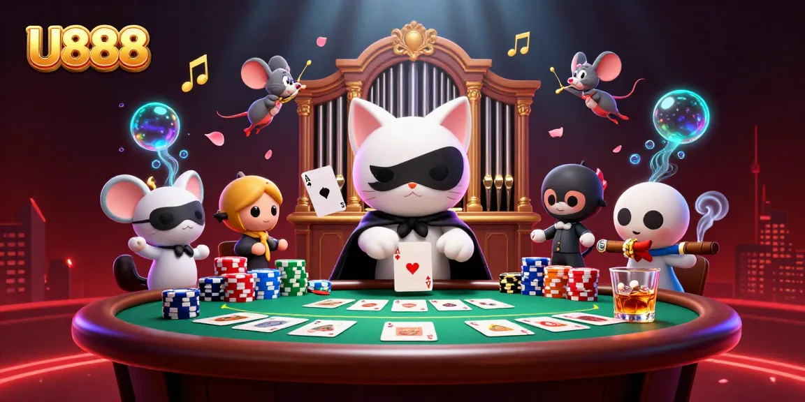 Experience thrilling gameplay with U888's vibrant casino scene featuring animated characters and game elements.