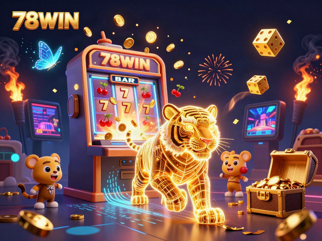 Experience the thrill of winning with 78WIN in a vibrant digital casino landscape featuring a neon tiger and slot machine.