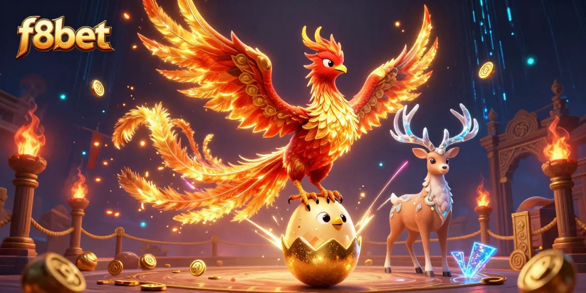 Experience the excitement of f8bet with a dynamic casino illustration featuring phoenixes and golden treasures.