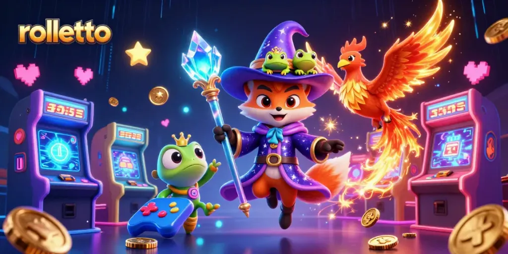Play engaging casino games at Rolletto, featuring a wizard fox and a phoenix in a vibrant 3D scene.
