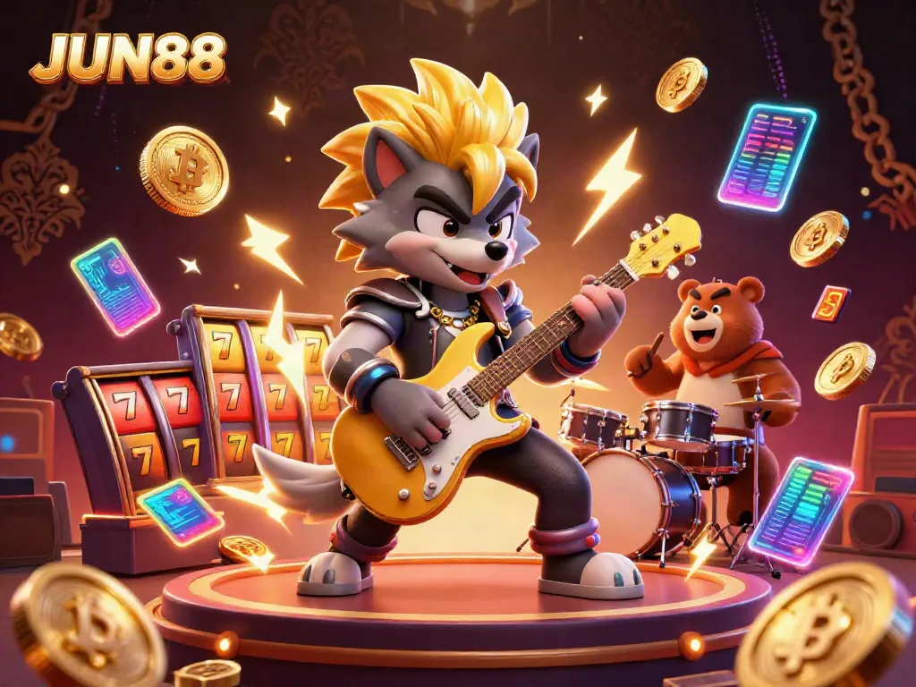 Win big at JUN88 with vibrant casino-themed action featuring a rock star wolf and drummer bear.