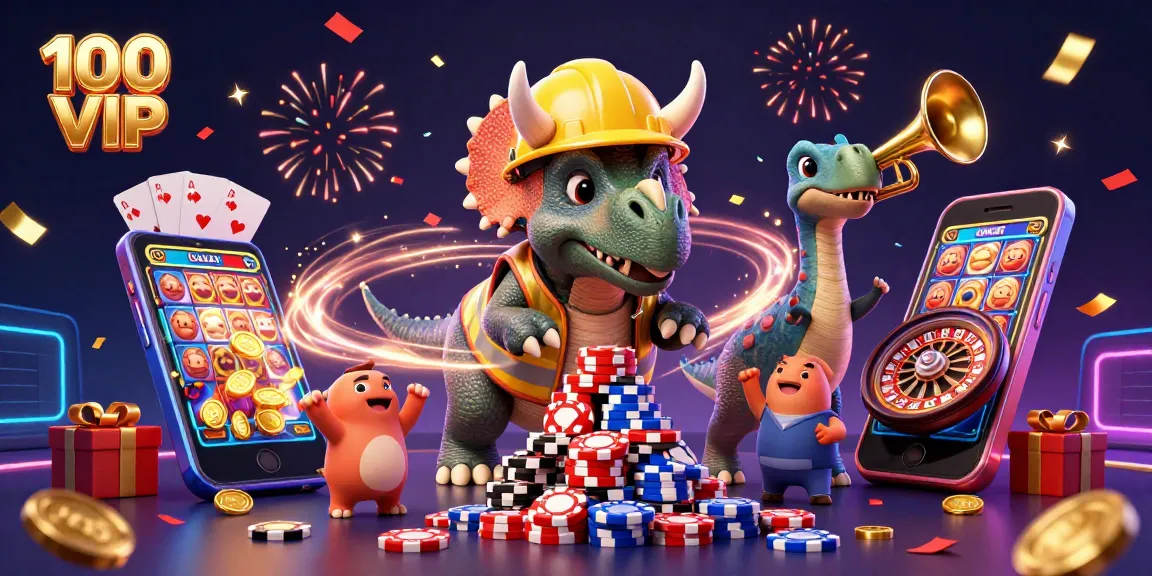 Join the excitement at 100 VIP with vibrant casino action, golden poker chips, and thrilling celebrations.