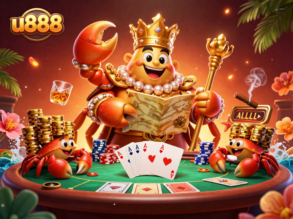 Experience the thrill of u888 gaming with vibrant casino illustrations featuring a majestic crab emperor.