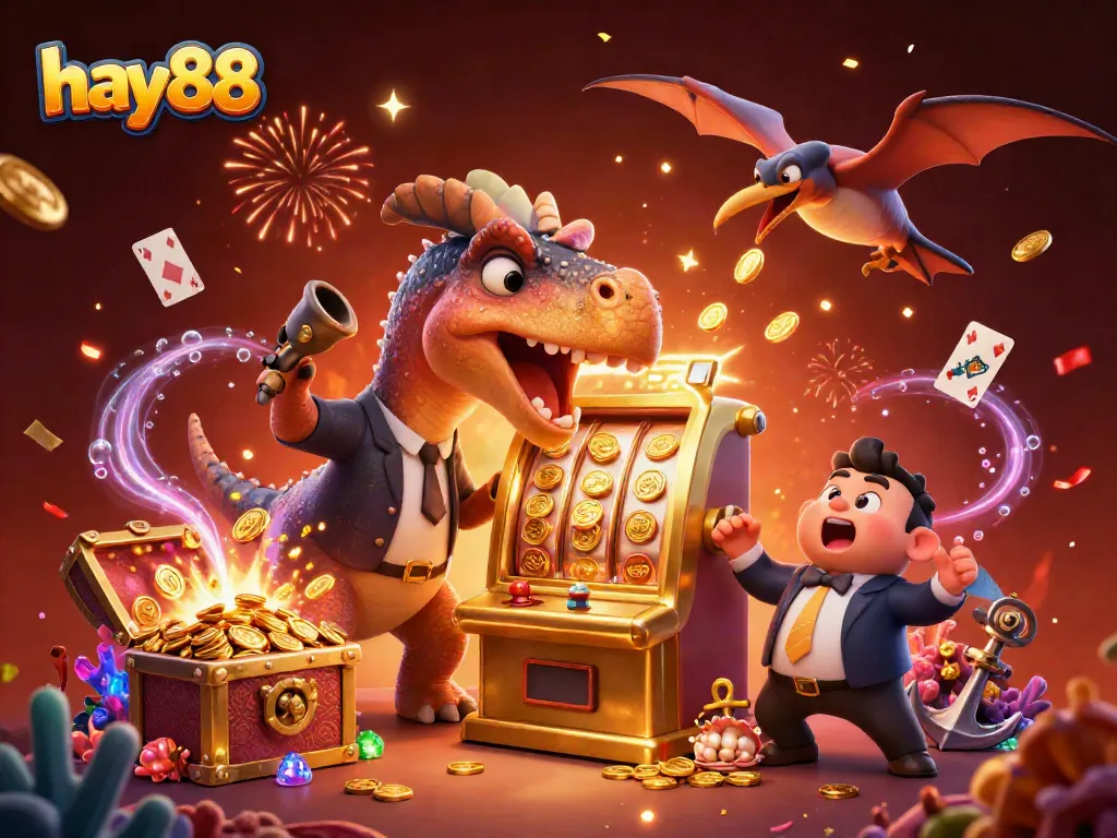 Experience the thrill of hay88's jackpot with a cartoon dinosaur at a vibrant casino scene, capturing excitement and fun.
