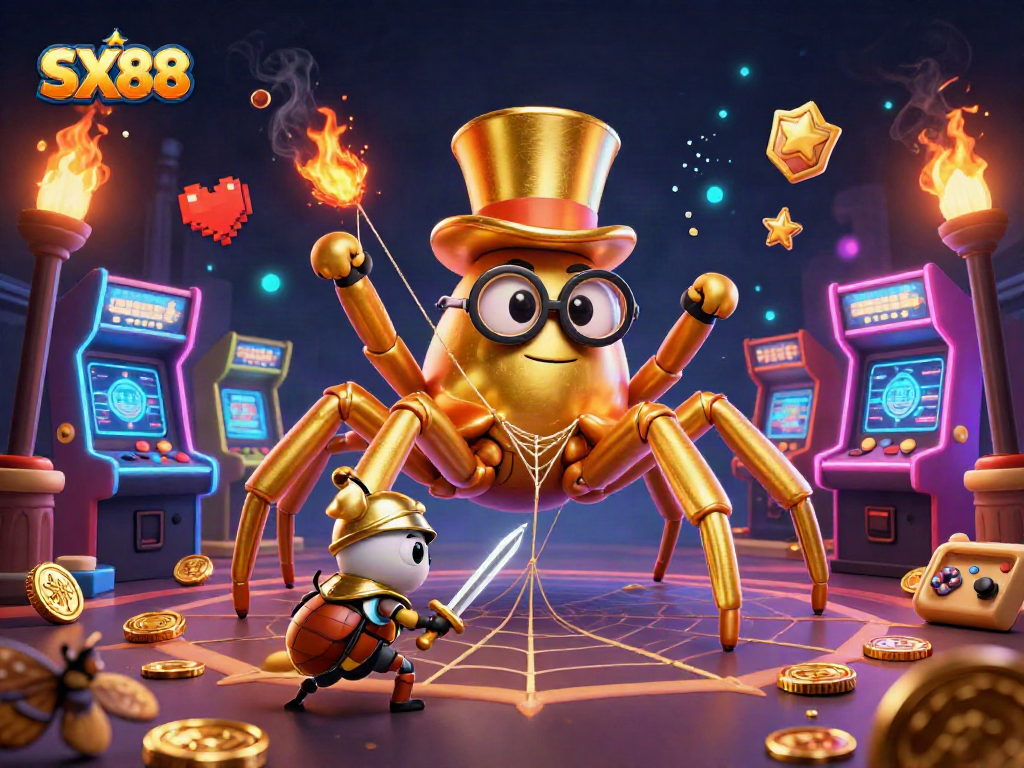 SX88 Casino Scene with a golden tarantula weaving a treasure web amidst arcade games