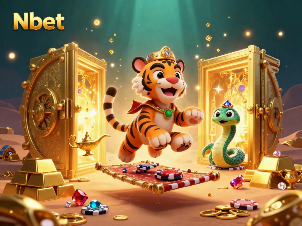 Nbet casino scene with a sultan, genie, and treasure creations symbolizing winning strategies.