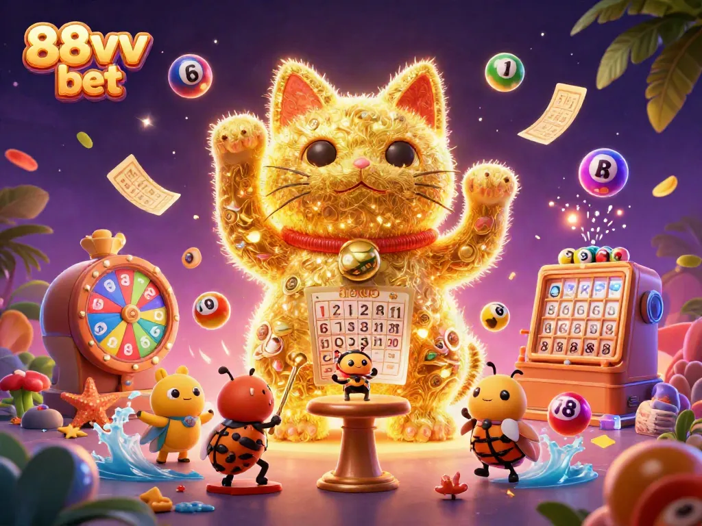 Experience the vibrant world of 88vv bet with this lively illustration of a lucky cat and casino elements.