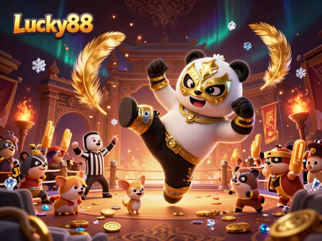Experience the excitement of Lucky88 as the panda wrestler leaps for victory amidst cheering animal fans.