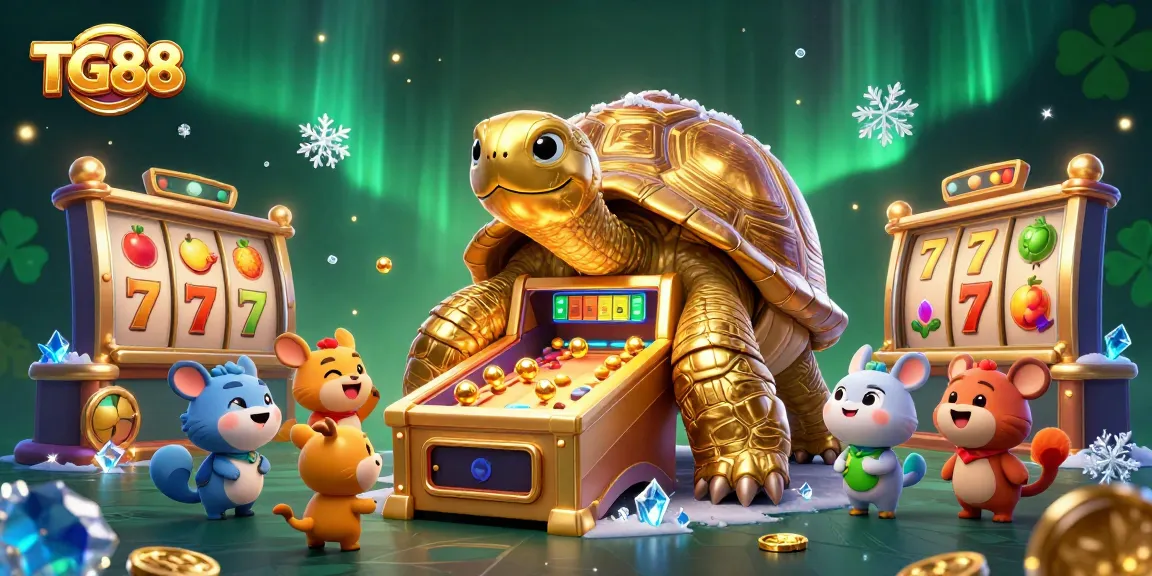 Play exciting slot games with TG88 featuring a colossal pinball tortoise in a vibrant casino scene.