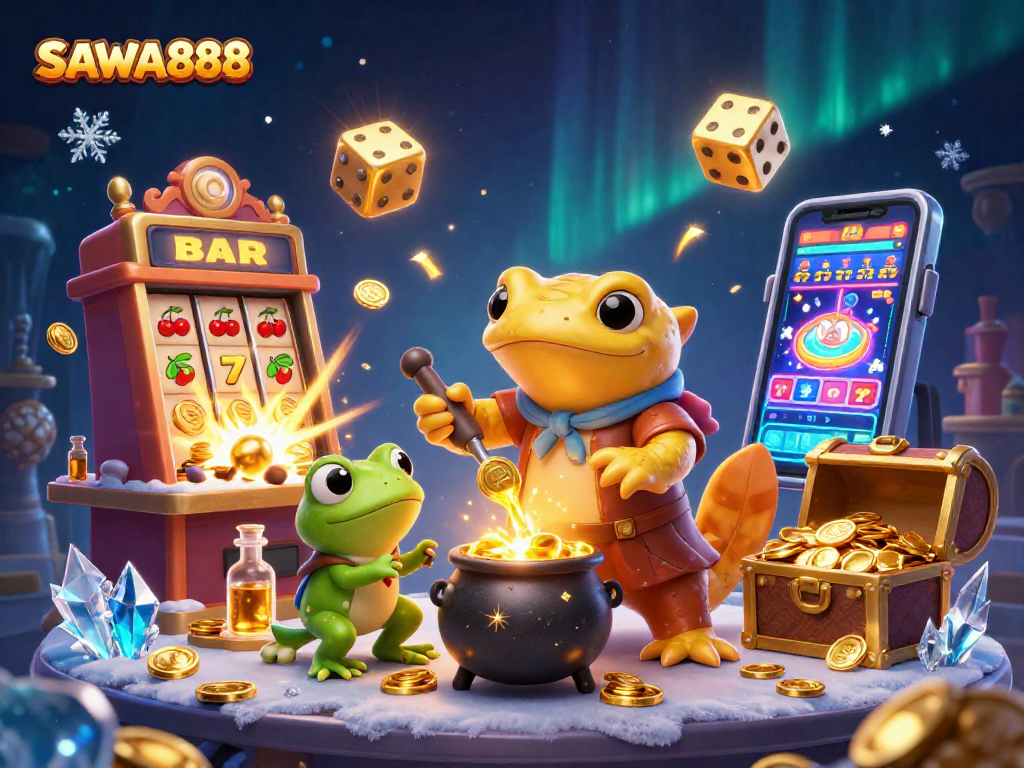 Experience winning strategies at SAWA888 featuring a dynamic casino scene with gold coins and playful characters.