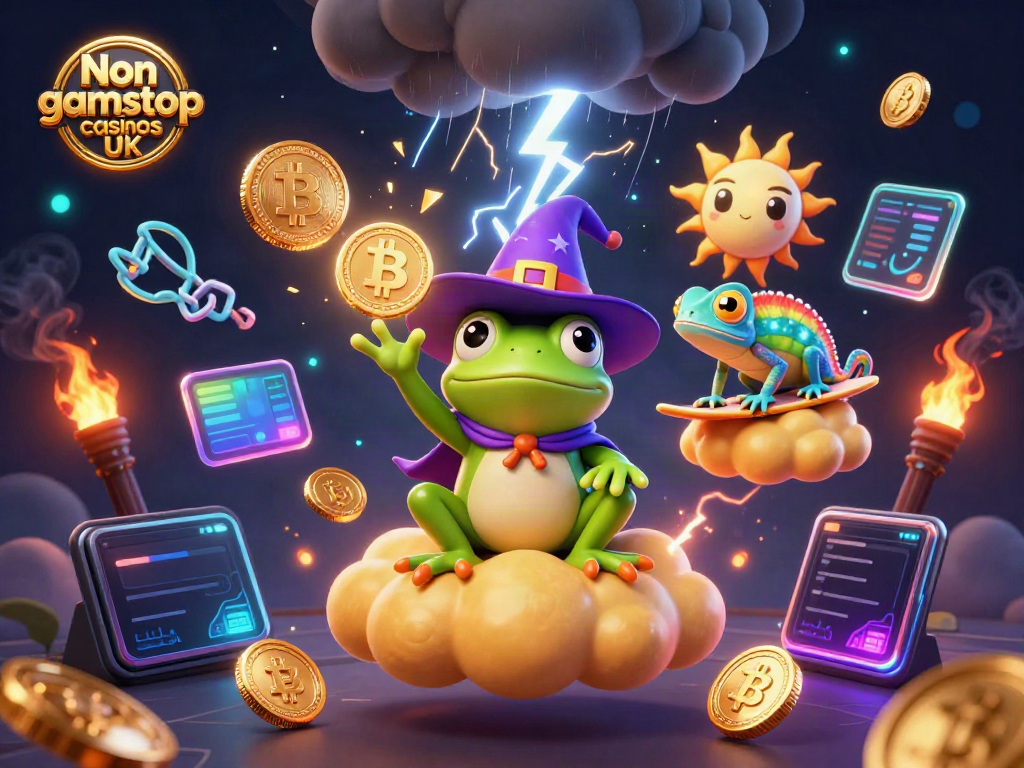 Experience the excitement of Non gamstop casinos UK with a vibrant 3D illustration showcasing a storm of coins.