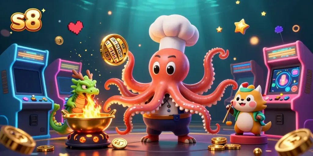 Experience captivating gaming with s8's animated octopus chef and dragon in a vibrant casino scene.