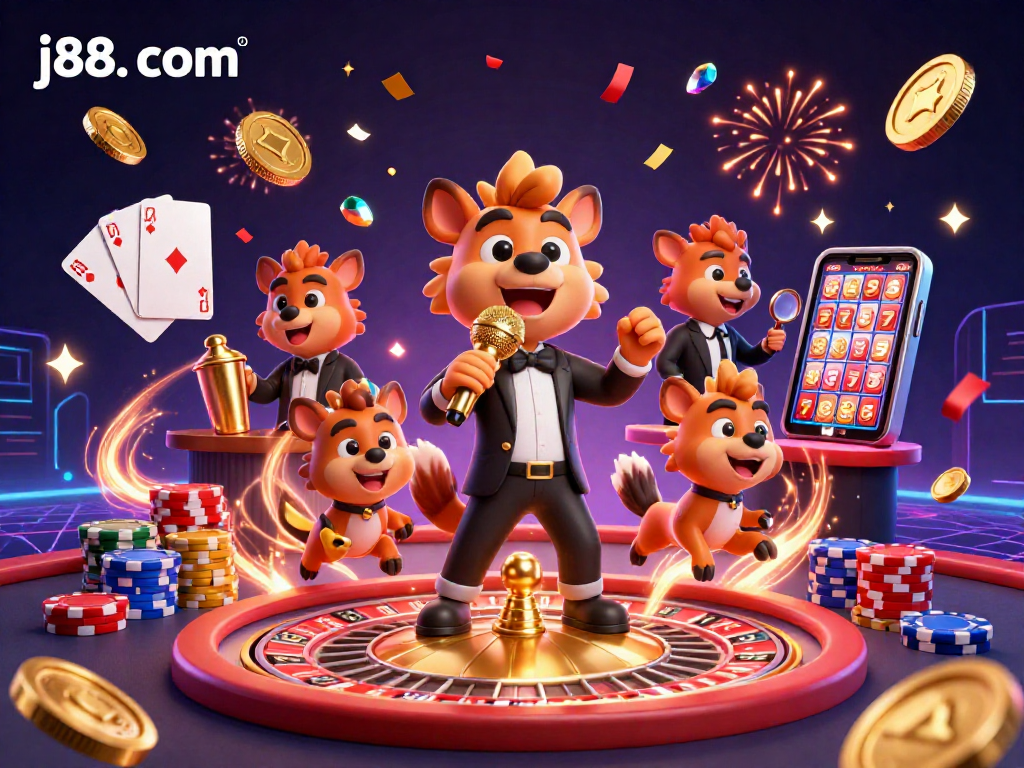 Experience vibrant casino fun with j88. com featuring hyenas at a comedy club surrounded by jackpots and gaming excitement.