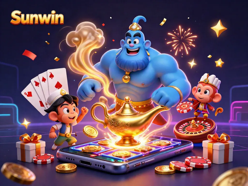 Engage with Sunwin's thrilling games visuals featuring colorful slot action and a magical atmosphere in a casino.