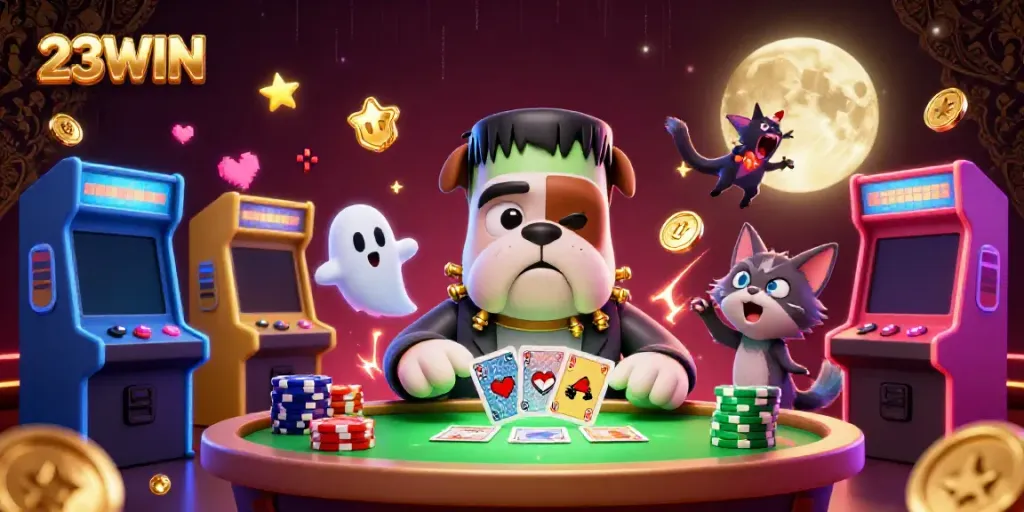 Engage with 23WIN's vibrant casino atmosphere featuring a lively Frankenstein bulldog and ghost mouse.