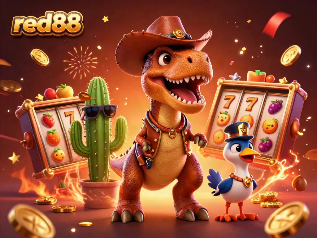 Experience the thrill of red88 with a cartoon T-Rex surrounded by slot reels and joyful celebration.