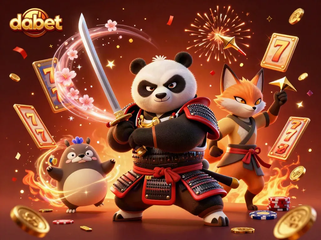Dabet players enjoying dynamic casino action with a samurai panda, ninja fox, and spirit tanuki as game elements surround them.