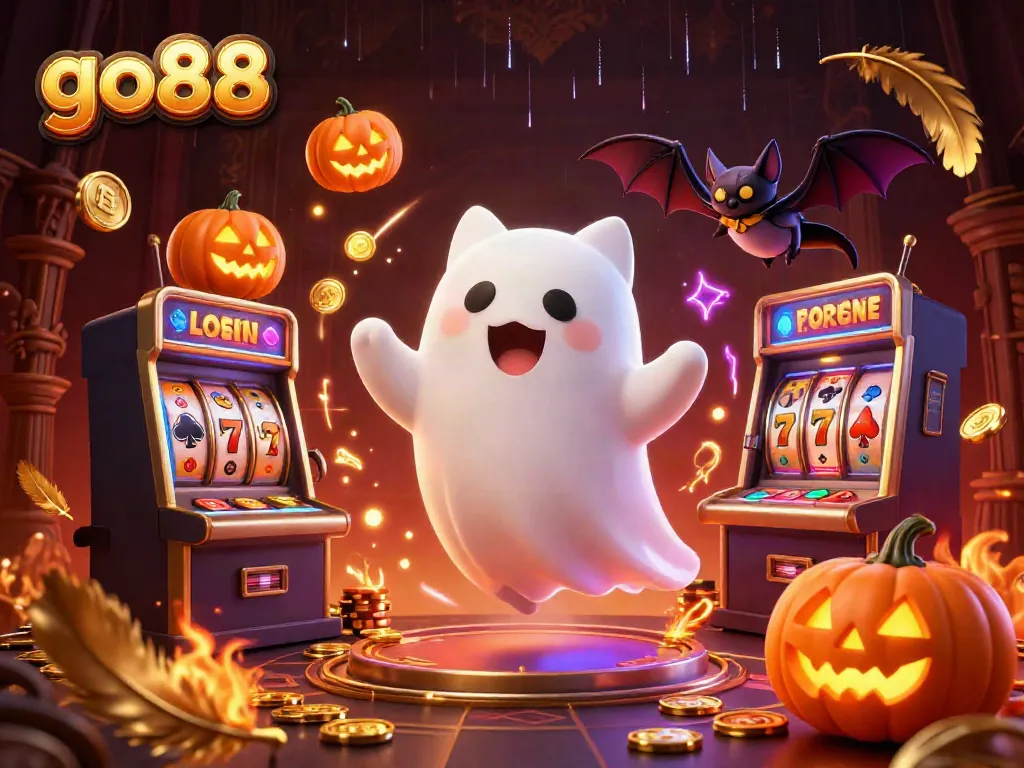 Experience thrilling gameplay with the ghost cat and vampire bat at go88 casino, amidst vibrant slot and poker elements.