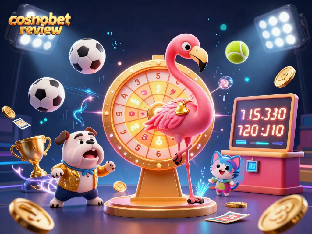 Spin the giant prize wheel with our cosmobet review, showcasing exciting casino elements and lively characters!