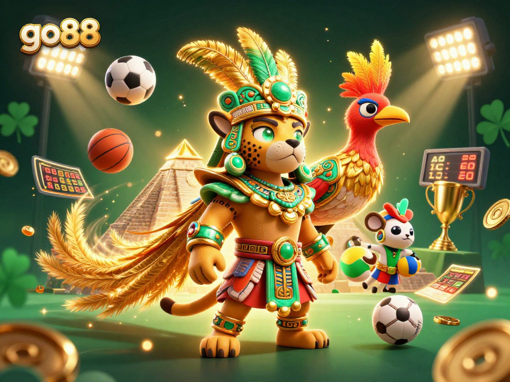 Go88 showcases a vibrant 3D casino scene with Mayan elements and sports dynamics.