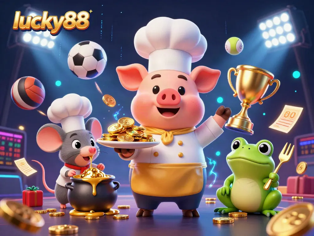 Experience thrilling bets at lucky88 with a vibrant 3D casino scene featuring sports balls and gold coins.