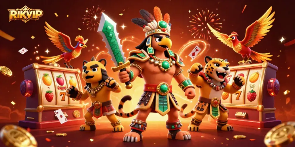 Engage in exhilarating gameplay with RIKVIP in a vibrant 3D casino scene filled with exciting symbols.