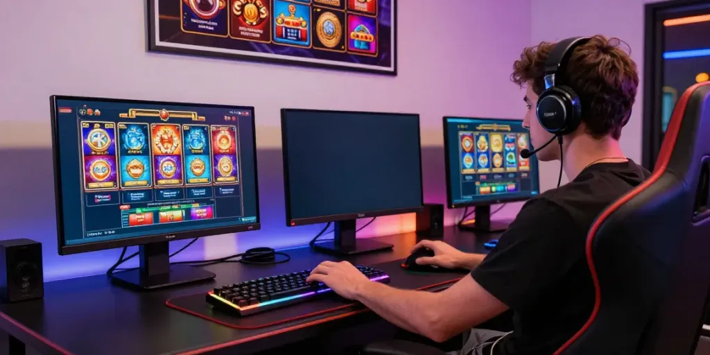 Engaging player enjoying a non GamStop casino atmosphere in a vibrant gaming setup.
