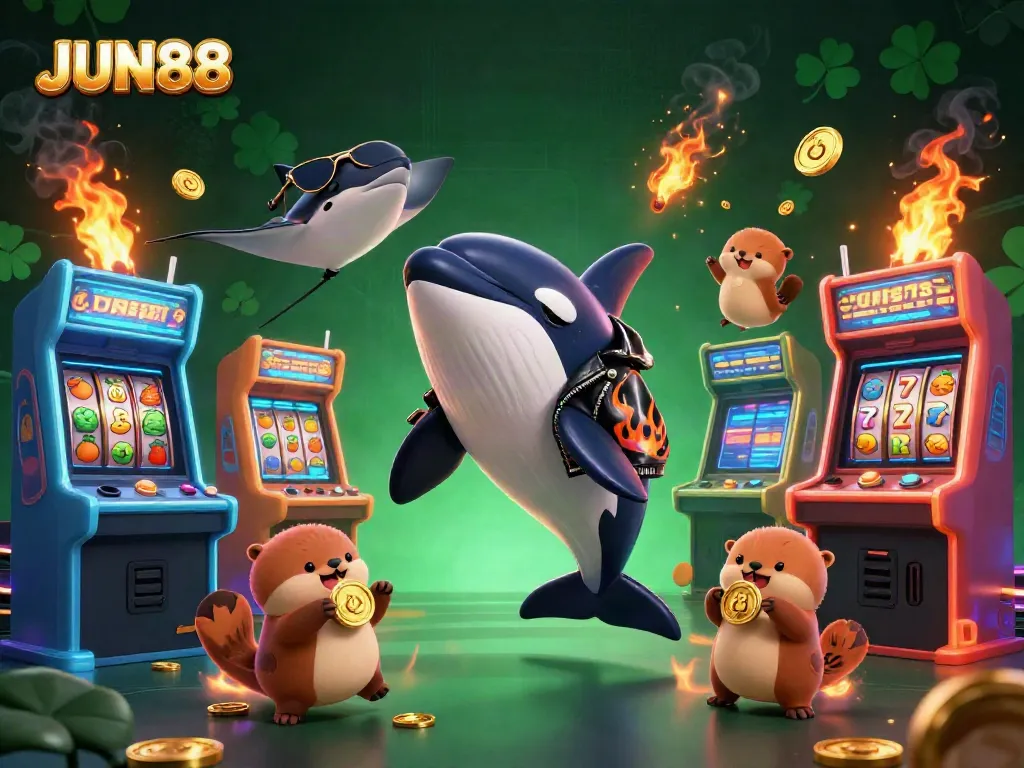 Experience thrilling gameplay at JUN88 with a dynamic 3D scene of animated characters and casino elements.