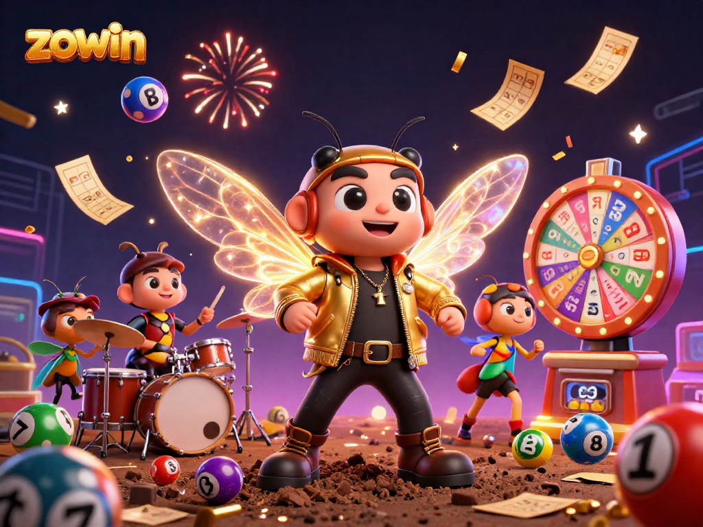 Zowin showcases vibrant animated casino excitement with dynamic lottery elements and celebratory details.