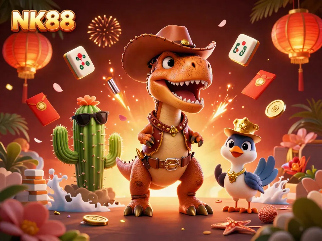 Engage in exciting gameplay at NK88 with a dynamic 3D cowboy dinosaur and casino elements.