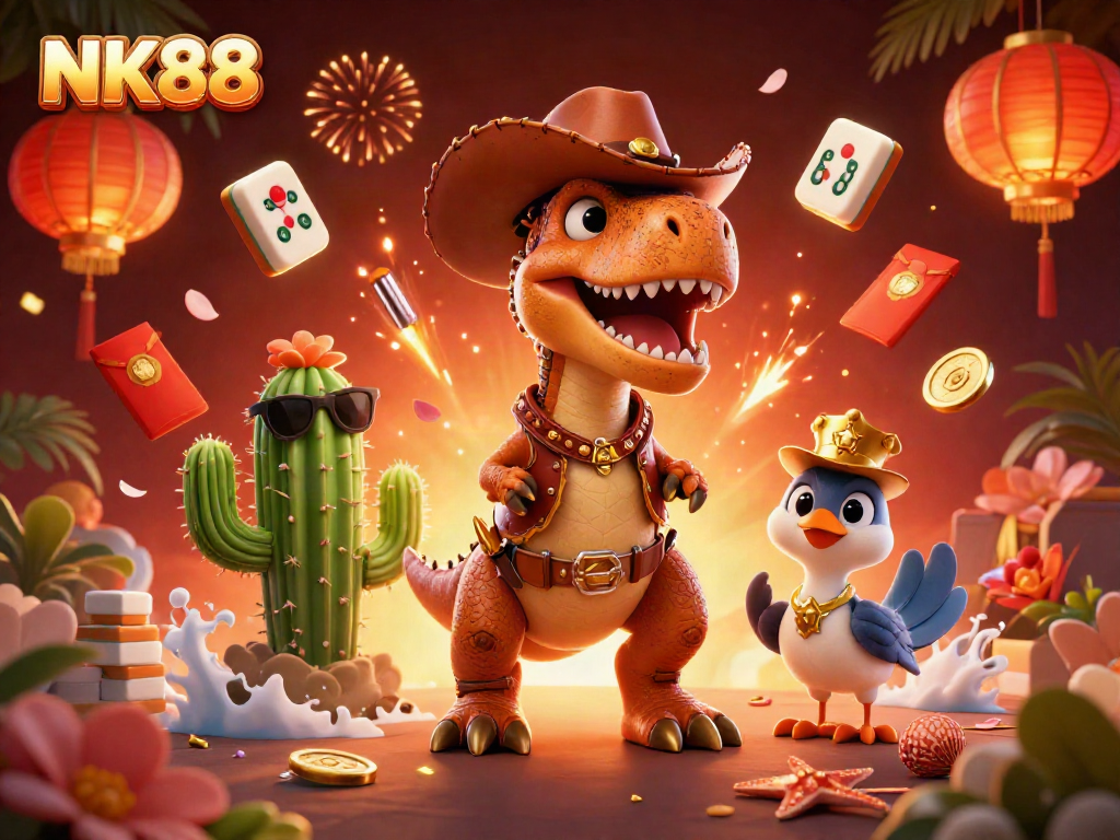 Engage in exciting gameplay at NK88 with a dynamic 3D cowboy dinosaur and casino elements.