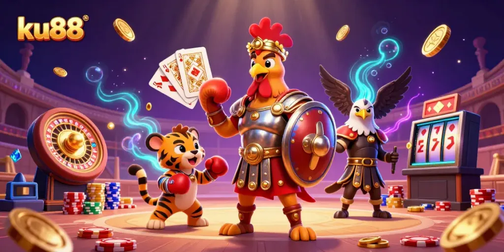 Experience thrilling gameplay with ku88's dynamic online casino scene showcasing vibrant characters and game elements.