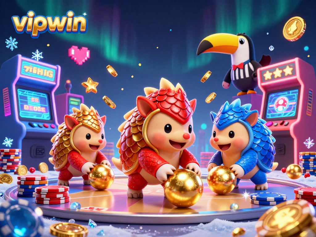 Engage in exciting gameplay with vipwin as rival pangolins roll through golden balls and poker chips.