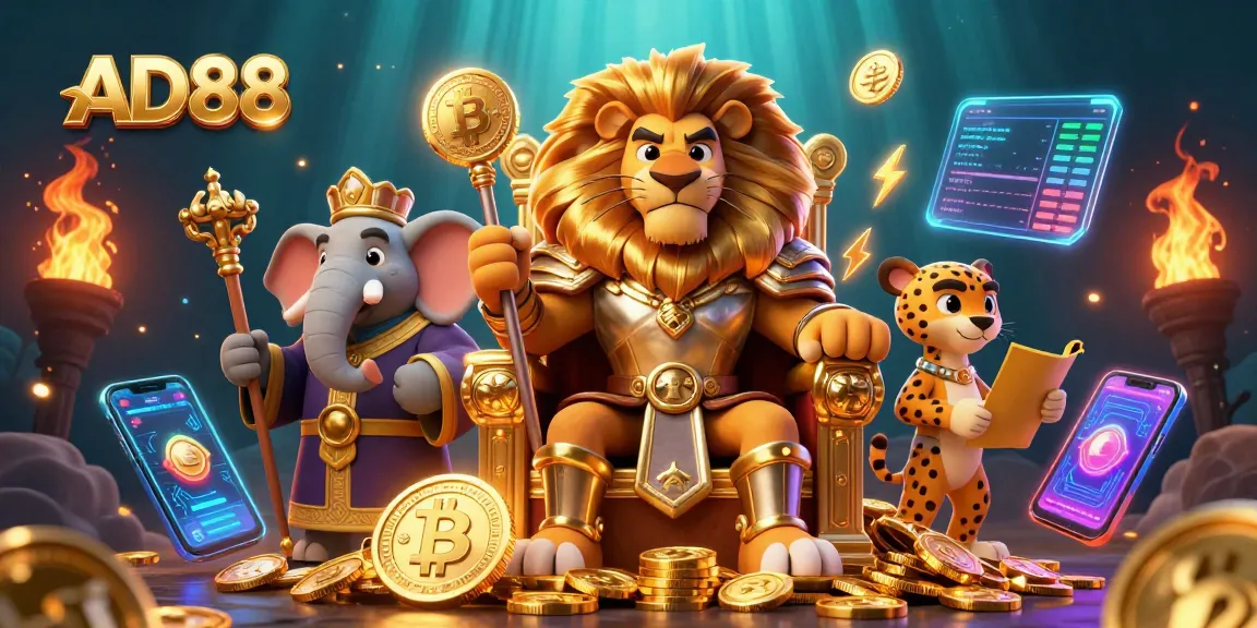 Engage with AD88's fierce lion king and advisors in a vibrant casino adventure.