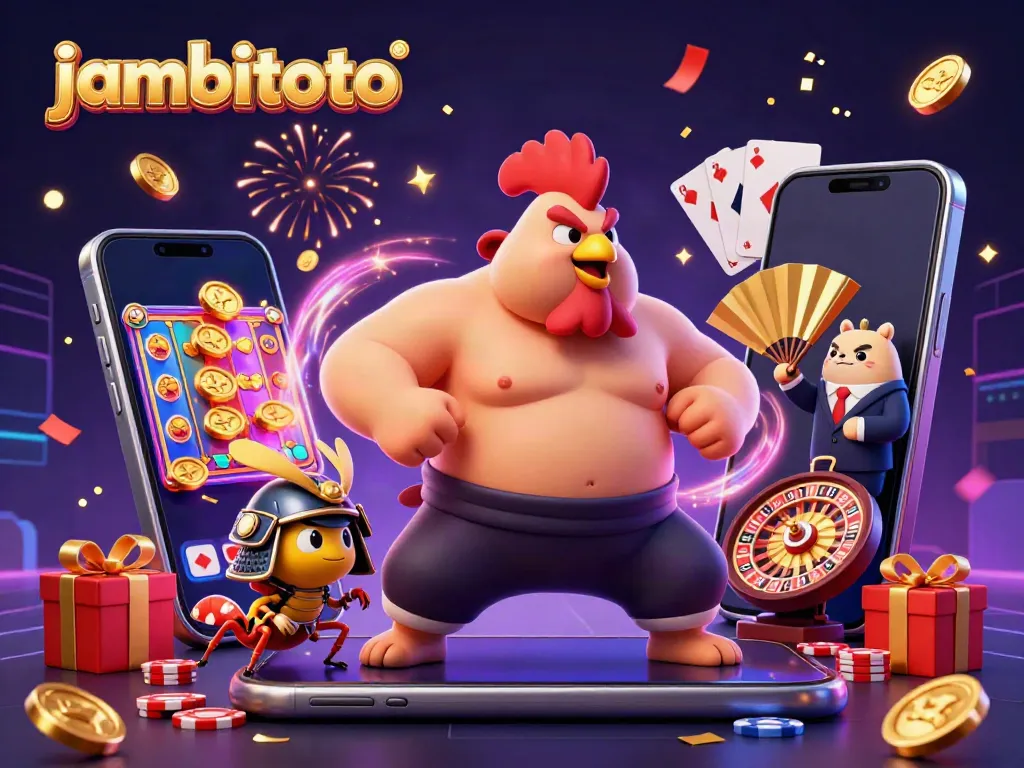 Celebrate big wins with jambitoto in this vibrant scene featuring a powerful sumo rooster and dynamic casino elements.