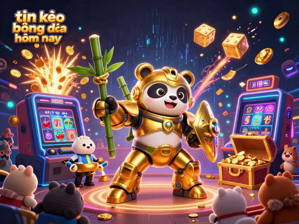Sporting event with the title "tin kèo bóng đá hôm nay" featuring a mech-suit golden panda and casino elements