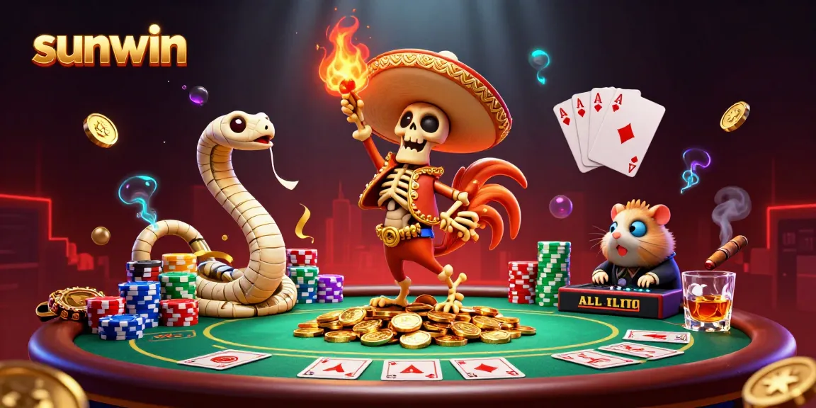 Experience the excitement at sunwin with vibrant characters and sparkling casino elements in a lively setting.